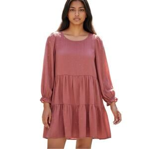 Mine Anthropologie Rust Swiss Dot Tiered Long Sleeve Babydoll Mini Dress Size M